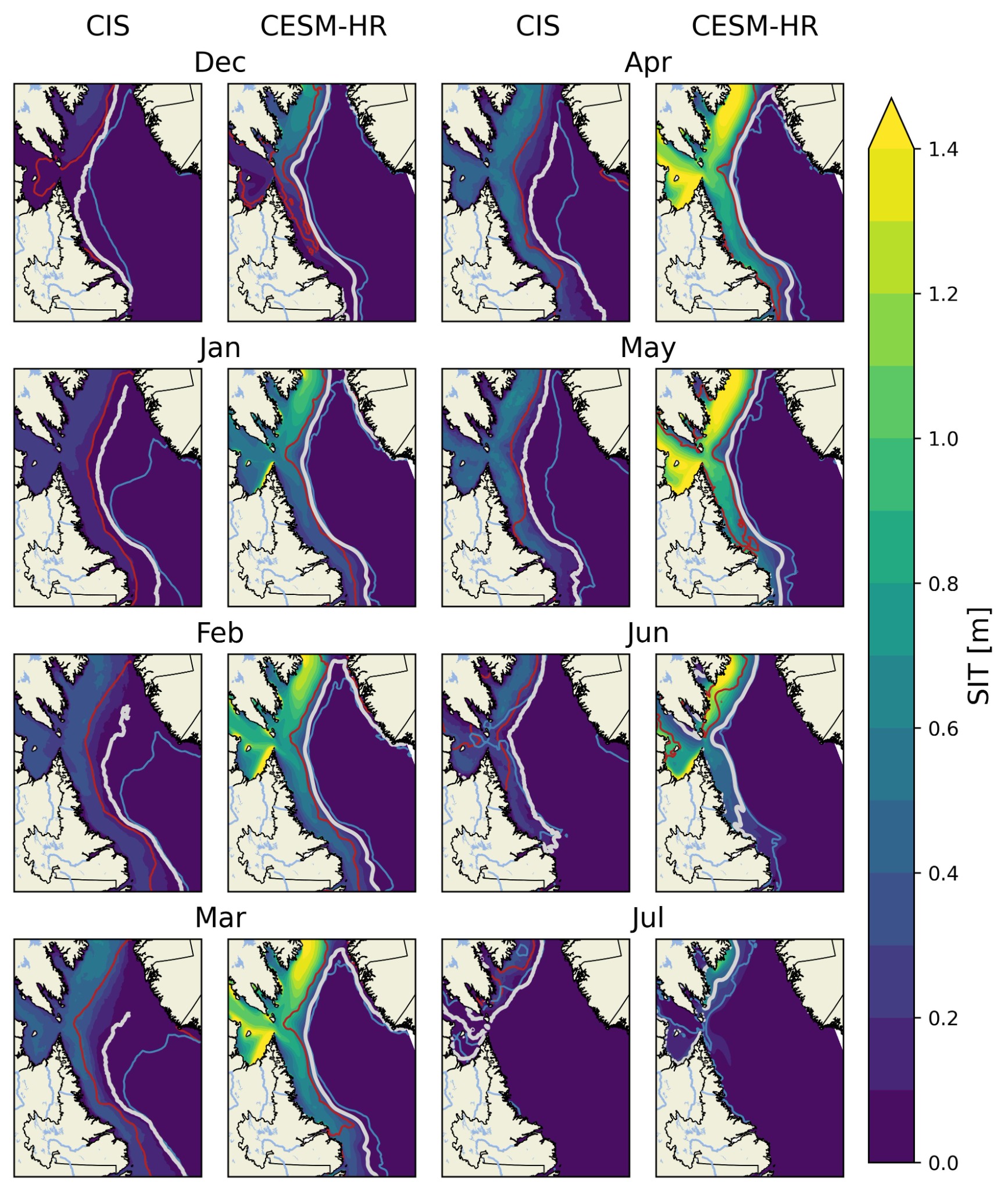 Monthly maps (Dec–Jul) of sea-ice thickness along the Labrador coast comparing Canadian Ice Service observations with CESM-HR ensemble-mean output.